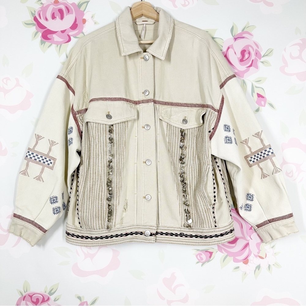NEW Free People Winter Cactus Embroidered Boho Beige Denim Trucker Jacket S